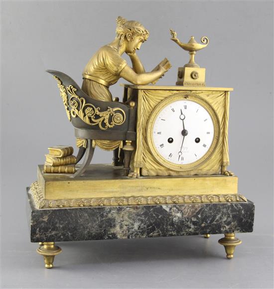 An early 19th century French gilt and patinated ormolu mantel clock, Chapuy, Rue Vivienne No.4, height 13in.